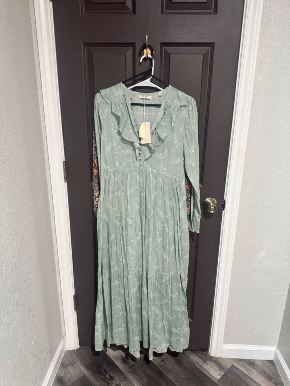 Doen Sage Green Floral Ruffle Maxi Dress